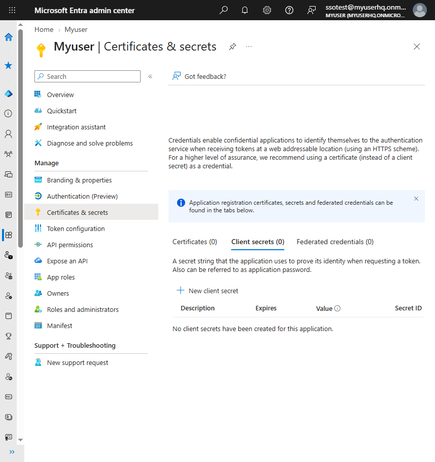 Certificates & secrets page