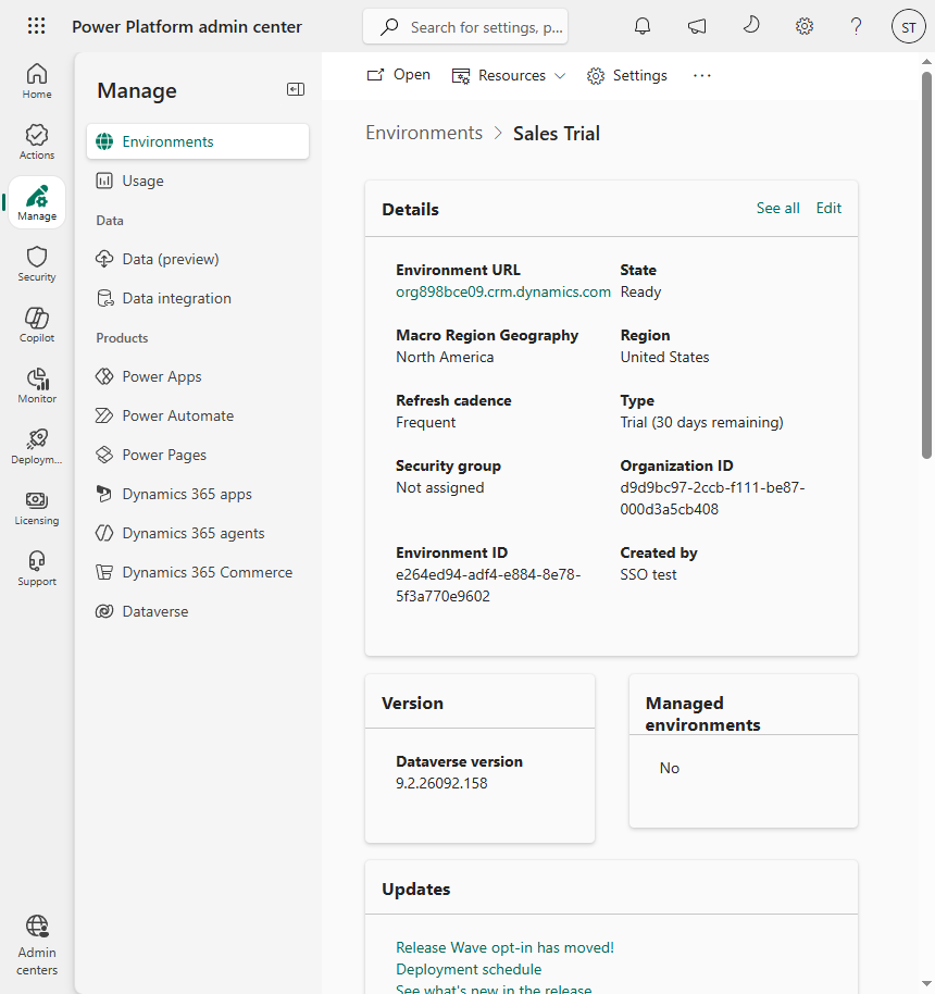 Environment page with the Environment URL and the Settings button