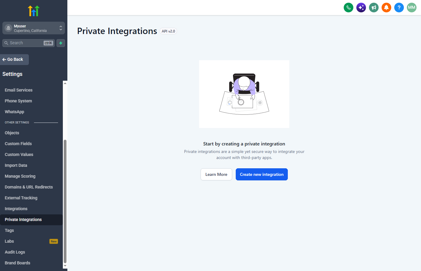 Private Integrations page