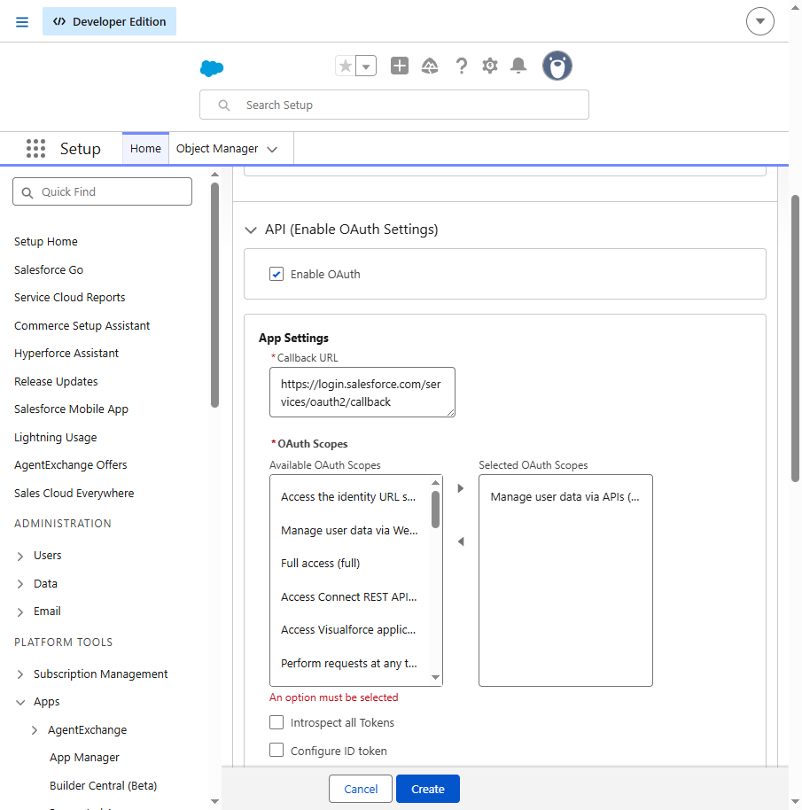 OAuth scope selected