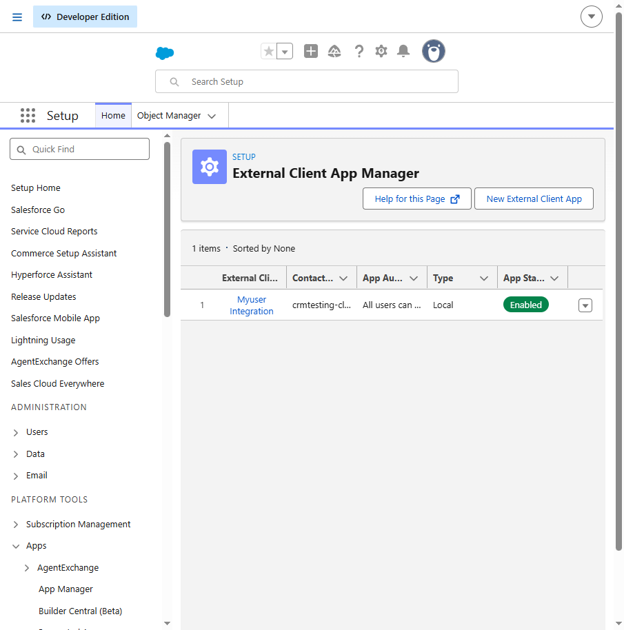 Your app in the External Client App Manager