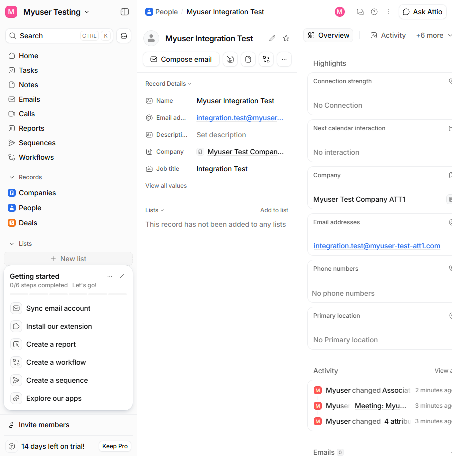 The test person in Attio - company linked, job title set, meeting note in the activity feed
