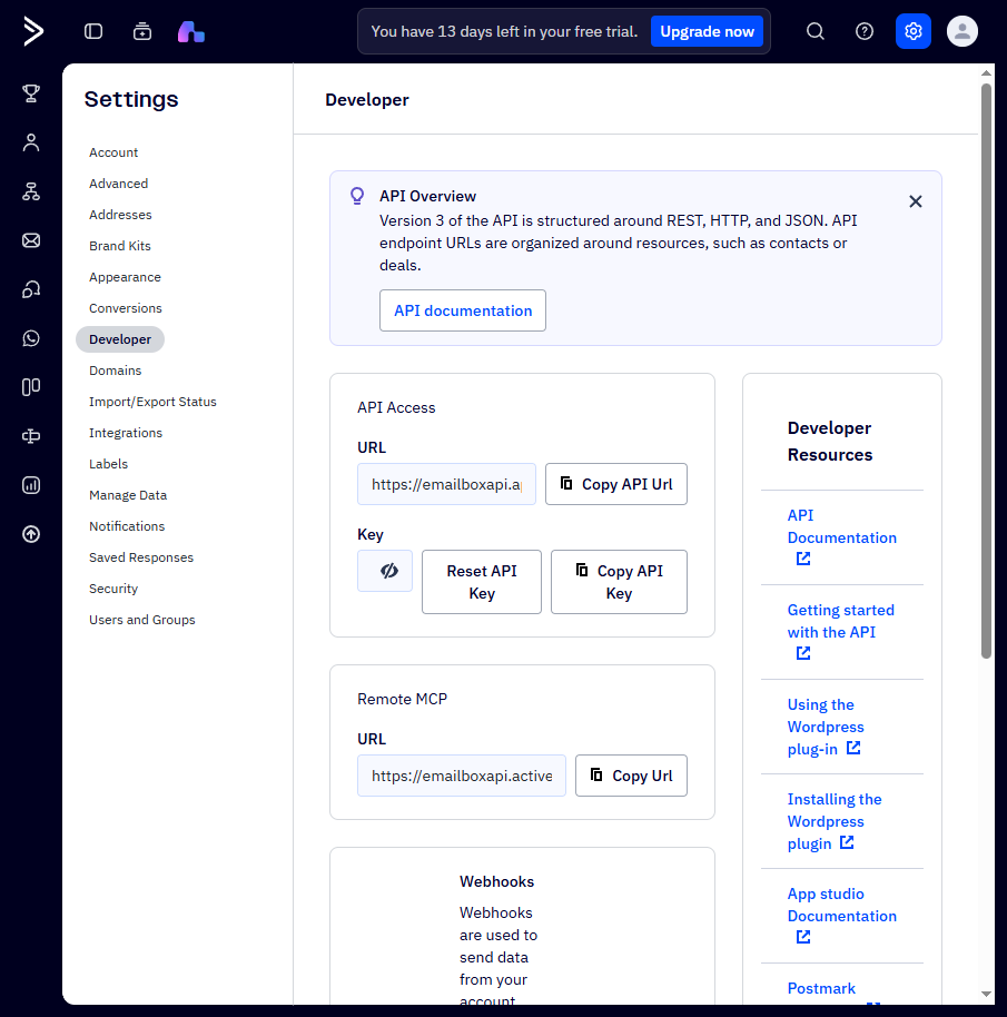 ActiveCampaign Developer settings