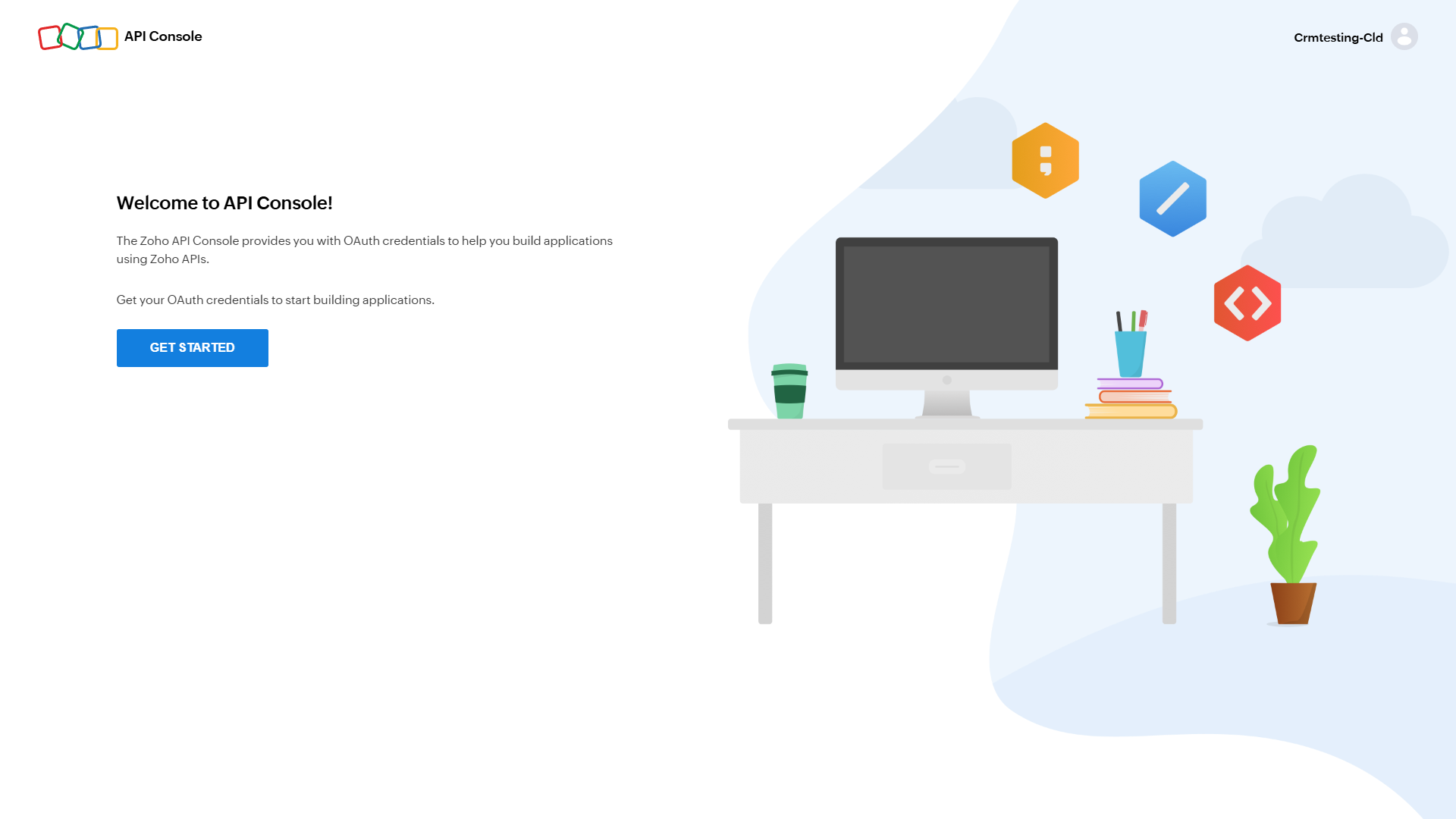 Zoho API Console welcome screen
