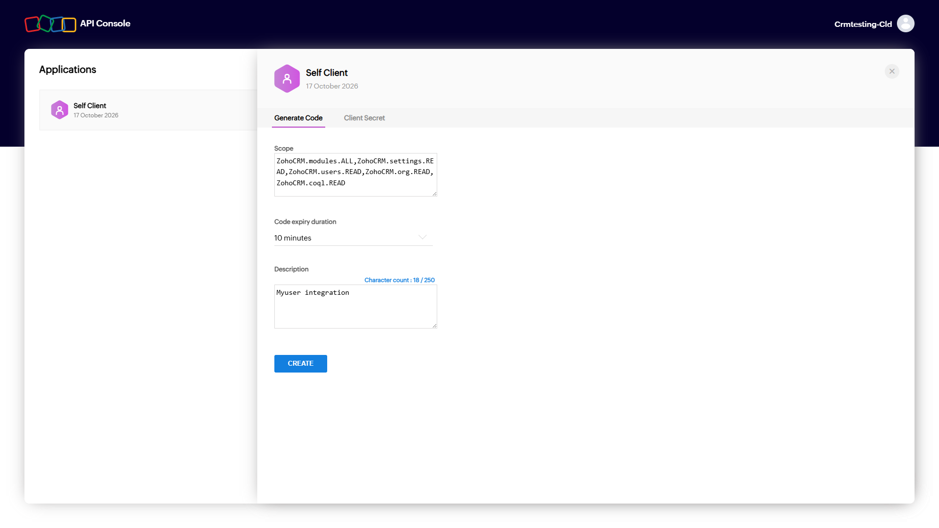 Generate Code tab filled in