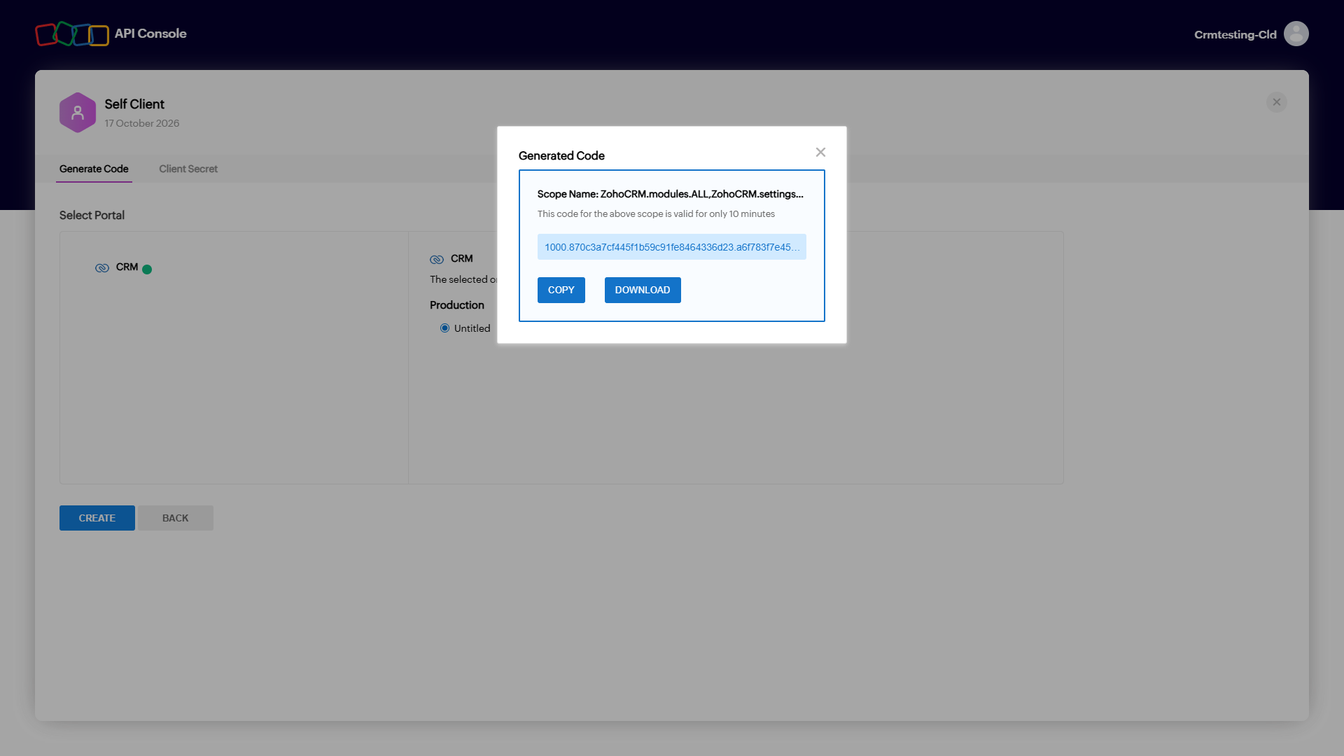 Generated grant code dialog